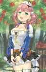  1girl apple atelier_(series) atelier_escha_&amp;_logy barrel belt_pouch black_skirt blush bracelet braid breasts choker cleavage escha_malier food fruit fur_trim green_eyes hair_ornament hani_(udauda) hat jewelry long_hair looking_at_viewer medium_breasts open_mouth outdoors pink_hair pouch skirt smile solo standing tail thighhighs tree twintails 