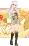  1girl ascot bangs black_footwear blush boots brown_skirt buttons commentary_request eating fire_emblem fire_emblem:_three_houses food food_on_face full_body garreg_mach_monastery_uniform hand_on_own_face high-waist_skirt holding holding_food isa_(peien516) long_hair long_sleeves looking_at_viewer lysithea_von_ordelia pink_eyes shirt skirt solo uniform white_ascot white_hair white_shirt 