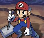 1boy blue_overalls boots brown_footwear facial_hair gloves hammer hat highres holding holding_hammer looking_at_viewer mario mario_&amp;_luigi_rpg mario_&amp;_luigi_rpg_(style) mario_(series) mustache outdoors overalls red_headwear red_shirt shirt standing white_gloves ya_mari_6363 