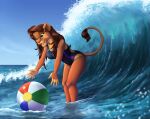  2022 anthro ball beach_ball bent_over breasts brown_hair clothing eyebrows eyelashes fangs felid female fur green_eyes hair hi_res inflatable lion long_hair mammal one-piece_swimsuit open_mouth pantherine sea sirzi solo swimwear tail tail_tuft tan_body tan_fur teeth tongue tuft water wave 