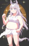  &gt;:) 1girl animal_ears bare_arms bare_shoulders black_background blue_eyes breasts clenched_hands commentary_request crop_top fat grey_hair hand_up highres horse_ears long_hair medium_breasts midriff mukakin navel oguri_cap_(umamusume) short_shorts shorts solo sparkle sports_bra standing stomach tail thighs umamusume v-shaped_eyebrows very_long_hair white_shorts 