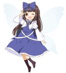  1girl bangs blue_bow blue_dress blue_ribbon blunt_bangs blush boots bow crys_(dai) dress fairy_wings flat_chest frilled_shirt_collar frills full_body hair_bow hand_up highres juliet_sleeves long_hair long_sleeves looking_at_viewer one_eye_closed open_mouth puffy_long_sleeves puffy_sleeves ribbon simple_background smile solo star_sapphire touhou white_background wings 