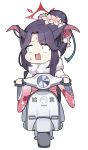  1girl bangs black_hair blue_archive chibi floral_print flower fur_collar fuuka_(blue_archive) fuuka_(new_year)_(blue_archive) gradient_kimono ground_vehicle hair_bun hair_flower hair_ornament halo horns japanese_clothes kimono long_hair long_sleeves motor_vehicle nyaru_(nyaru_4126) open_mouth parted_bangs pink_flower print_kimono red_kimono scooter simple_background solo sweat wavy_mouth white_background white_kimono wide_sleeves 