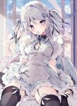  1girl bed_sheet black_thighhighs blue_sky breasts cleavage cloud garter_straps grey_hair hair_ribbon highres maid maid_headdress original purple_eyes ribbon sitting sky sushi_mekabu thighhighs wariza window 