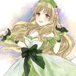  1girl :d atelier_(series) atelier_ayesha ayesha_altugle bangs bare_shoulders blonde_hair blush bow breasts brown_eyes dress flower green_bow green_dress green_headwear hair_flower hair_ornament hani_(udauda) hat long_hair looking_at_viewer open_mouth simple_background smile solo waist_bow white_background wrist_cuffs 