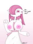  2022 3_fingers absurd_res big_breasts breasts clothing dialogue dress english_text exposed_breasts female fingers gardevoir generation_3_pokemon hair hair_over_eye hi_res humanoid looking_at_viewer nintendo nipples nobori not_furry one_eye_obstructed pokemon pokemon_(species) red_eyes red_hair signature simple_background solo talking_to_viewer text white_background 