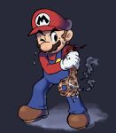  1boy blue_overalls boots brown_footwear burnt_arm facial_hair gloves hat highres mario mario_&amp;_luigi_rpg mario_&amp;_luigi_rpg_(style) mario_(series) mustache overalls red_headwear red_shirt shirt simple_background single_glove solo white_gloves ya_mari_6363 