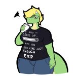 anthro blonde_hair bottomwear breasts clothed clothing container cup denim denim_clothing digitalpelican drinking drinking_straw female fully_clothed green_body green_scales hair horn jeans lizard pants reptile sasha_(digitalpelican) scales scalie shirt solo text text_on_clothing text_on_shirt text_on_topwear topwear 