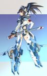  1girl back_cutout blue_eyes brown_hair clothing_cutout commentary_request cup degarashi_(ponkotsu) fingerless_gloves gloves goggles goggles_on_head hand_on_hip holding holding_cup looking_at_viewer mecha_musume original ponytail sheath smile solo standing sword thighhighs thrusters two-tone_background unsheathing weapon 