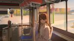  1girl 1other absurdres brown_eyes brown_hair brown_jacket building bus bus_interior closed_mouth ground_vehicle highres hua_ming_wink jacket long_hair looking_at_viewer mirror motor_vehicle original road road_sign shirt sign sitting smile traffic_light 