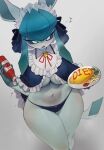  1girl absurdres animal_ears black_panties blue_eyes blue_hair blue_sclera bottle breasts colored_sclera commentary_request food furry furry_female glaceon grey_background highres holding holding_bottle holding_plate ketchup ketchup_bottle large_breasts musical_note navel omelet omurice panties plate pokemon simple_background solo underboob underwear yuio58ok 