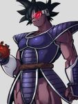  1boy black_eyes black_hair dark-skinned_male dark_skin dragon_ball dragon_ball_z food fruit grey_background holding holding_food holding_fruit kemachiku looking_away male_focus monkey_tail muscular muscular_male saiyan scouter short_hair simple_background smile tail tullece 