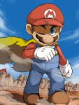  1boy blue_eyes blue_overalls blue_sky boots brown_footwear brown_hair cape facial_hair gloves hat highres mario mario_(series) mustache one_eye_closed outdoors overalls red_headwear red_shirt rock shirt sky solo white_gloves ya_mari_6363 yellow_cape 