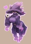  &lt;3 :3 anthro big_breasts breasts brown_background clothing female floating generation_4_pokemon half-closed_eyes hat headgear headwear hi_res looking_at_viewer mismagius narrowed_eyes nintendo outline pink_outline pokemon pokemon_(species) red_eyes simple_background smile solo yboon yellow_sclera 