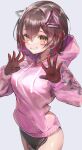  1girl breasts brown_hair finger_counting furofuroppi grey_background highres hololive hood hoodie pink_hoodie roboco-san short_hair smile triangle_hair_ornament virtual_youtuber yellow_eyes 