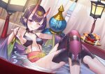  1girl absurdres bangs bare_shoulders bathing bob_cut breasts collarbone crossed_legs cup curtains eyeliner fate/grand_order fate_(series) food fruit gourd grapes headpiece highres horns japanese_clothes kimono lantern long_sleeves looking_at_viewer makeup obi one_eye_closed oni oni_horns peach pointy_ears purple_eyes purple_hair purple_kimono revealing_clothes sakazuki sash short_hair shuten_douji_(fate) sitting skin-covered_horns small_breasts smile smoking_pipe solo tongue tongue_out water wet wide_sleeves zero_yee 