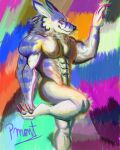  abs anthro bandai_namco barazoku biceps blue_body blue_fur canid canine canis claws digimon digimon_(species) feet finger_claws fur hi_res looking_at_viewer male male/male mammal muscular muscular_anthro muscular_male nipples nude pecs pinumontbalou pose scar smile smiling_at_viewer solo toe_claws were werecanid werecanine weregarurumon werewolf wolf 