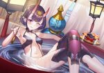  1girl absurdres bangs bare_shoulders bathing bob_cut breasts collarbone crossed_legs cup curtains eyeliner fate/grand_order fate_(series) food fruit gourd grapes headpiece highres horns lantern looking_at_viewer makeup navel one_eye_closed oni oni_horns peach pointy_ears purple_eyes purple_hair revealing_clothes sakazuki short_hair shuten_douji_(fate) sitting skin-covered_horns small_breasts smile smoking_pipe solo tongue tongue_out water wet zero_yee 