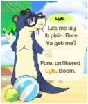  2023 animal_crossing anthro beach biped black_nose blue_body blush convenient_censorship detailed_background dialogue english_text eyewear glasses high_rhulain lyle_(animal_crossing) mammal mustelid nintendo otter outside palm_tree plant seaside solo text tree 