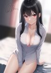  1girl absurdres bangs black_hair blunt_bangs blurry blurry_background blush breasts cleavage collarbone commentary_request dress_shirt highres large_breasts leone_(kamina0205) long_hair looking_at_viewer naked_shirt no_bra original partially_unbuttoned red_eyes shirt solo tears white_shirt 