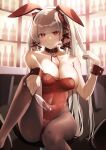  1girl absurdres alternate_costume animal_ears azur_lane bar_(place) bar_stool bare_shoulders between_breasts blush breasts champagne_flute classic_(zildjian33) cleavage covered_navel cup drinking_glass fake_animal_ears formidable_(azur_lane) grey_hair hair_ribbon highres large_breasts leotard long_hair looking_at_viewer paid_reward_available pantyhose playboy_bunny rabbit_ears red_eyes red_leotard ribbon sitting solo stool strapless strapless_leotard twintails wrist_cuffs 