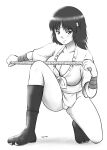  1girl ass_visible_through_thighs breasts cleavage closed_mouth collarbone fundoshi girls_und_panzer greyscale highres hiyama_yuu_(wee259hiyama) japanese_clothes large_breasts long_hair looking_at_viewer monochrome murakami_(girls_und_panzer) one_knee rope smile solo yamakasa 