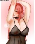  10million 1girl armpits arms_up bangs blunt_bangs blush breasts choker cleavage frilled_choker frilled_negligee frills half_updo highres large_breasts last_origin leprechaun_(last_origin) lingerie long_hair looking_at_viewer mole mole_under_eye negligee nipples red_eyes red_hair see-through simple_background solo steam steaming_body tongue tongue_out twitter_username underwear upper_body very_long_hair 