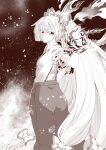  0-den absurdres bow burnt_clothes fire fujiwara_no_mokou greyscale hair_bow highres long_hair looking_at_viewer looking_back monochrome pants ponytail shirt suspenders touhou very_long_hair white_hair white_shirt 