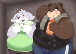  2023 anthro bear belly big_belly blush bodily_fluids bottomwear brown_body clothing drinking duo gao_(kusosensei) hi_res kemono kusosensei lagomorph leporid male male/male mammal musk overweight overweight_male pants rabbit shirt sweat tokki topwear towel towel_around_neck 