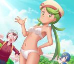  1boy 2girls ^^^ bangs beanie blood blue_eyes blue_hair bra breasts bright_pupils brown_hair buttons chef_hat closed_mouth cloud collared_shirt commentary_request day gazing_eye green_eyes green_hair grey_headwear hairband hand_on_hip hand_up hat highres lana_(pokemon) long_hair looking_at_viewer mallow_(palentine&#039;s_2023)_(pokemon) mallow_(pokemon) multiple_girls navel no_sclera nosebleed o_o official_alternate_costume outdoors panties pokemon pokemon_(game) pokemon_masters_ex pokemon_sm pokemon_swsh red_shirt shirt short_hair sky smile swept_bangs twintails underwear victor_(pokemon) white_bra white_panties white_pupils yellow_hairband 