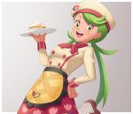  1girl apron bangs border breasts brown_footwear buttons chef_hat commentary_request cowboy_shot double-breasted gazing_eye green_eyes green_hair grey_background hand_on_hip hand_up hat highres holding holding_tray leg_up long_hair long_sleeves looking_at_viewer mallow_(palentine&#039;s_2023)_(pokemon) mallow_(pokemon) official_alternate_costume pokemon pokemon_(game) pokemon_masters_ex shirt shoes skirt smile solo swept_bangs tray twintails waist_apron white_border yellow_apron 