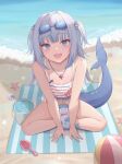  1girl bangs bare_arms bare_shoulders beach bikini bloop_(gawr_gura) blue_eyes blue_hair blunt_bangs blush breasts bucket bucket_of_water commentary dchiang english_commentary eyewear_on_head fish_tail full_body gawr_gura grey_hair hair_ornament highres hololive hololive_english indian_style long_hair looking_at_viewer multicolored_hair navel open_mouth outdoors seashell shark_girl shark_hair_ornament shark_tail sharp_teeth shell shovel sidelocks sitting small_breasts solo streaked_hair striped striped_bikini swimsuit tail teeth two_side_up v_arms virtual_youtuber water white_bikini 
