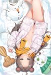  1girl absurdres agnamore animal animal_ears bangs barefoot bottomless brown_hair feet_out_of_frame forehead green_eyes highres hololive jacket long_hair lying naked_jacket natsuiro_matsuri navel off_shoulder on_back on_ground open_clothes open_jacket parted_bangs scarf snow snow_bunny snowman solo squirrel very_long_hair virtual_youtuber white_jacket yellow_scarf 