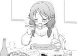 1girl alcohol beer beer_bottle blush breasts chopsticks cleavage closed_eyes collarbone cup dumpling eating food greyscale holding holding_chopsticks holding_cup idolmaster idolmaster_cinderella_girls jiaozi katagiri_sanae large_breasts monochrome nishino_hikoji on_chair short_twintails sitting solo soy_sauce steam sweatdrop twintails upper_body 