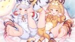  2girls animal_ears animal_hood animal_print bai_(granblue_fantasy) bangs barefoot bell blonde_hair blush breasts erune fang feet granblue_fantasy grey_hair highres hood huang_(granblue_fantasy) jingle_bell long_sleeves looking_at_viewer lying multiple_girls on_back open_mouth pajamas paw_pose pillow red_eyes siblings sisters small_breasts smile spread_legs tail tiger_ears tiger_girl tiger_hood tiger_print tiger_stripes tiger_tail twins twintails yellowpaint. 