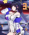 1girl absurdres ahoge bangs bare_shoulders black_choker blunt_bangs breasts chinese_commentary choker commentary_request eyebrows_hidden_by_hair hair_ornament halterneck highres honkai_(series) honkai_impact_3rd large_breasts long_sleeves purple_eyes purple_hair raiden_mei raiden_mei_(striker_fulminata) wenzheng147 