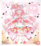  1girl apron brooch choker cone_hair_bun cure_precious delicious_party_precure earrings gloves hair_bun heart_brooch highres huge_bow jewelry kome-kome_(precure) long_hair magical_girl nagomi_yui official_art petals pink_choker pink_hair precure purple_eyes solo third-party_source two_side_up very_long_hair white_gloves 