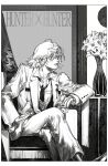  1boy absurdres arm_rest armchair bangs border chain chair cigarette collared_shirt copyright_name crossed_legs earrings feet_out_of_frame flower formal greyscale hand_in_pocket highres hunter_x_hunter jacket jewelry kurapika lily_(flower) llost long_sleeves looking_away looking_to_the_side male_focus medal monochrome mouth_hold necktie pants ring shirt short_hair signature sitting solo suit traditional_media vase 