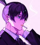  1boy 1other black_hair black_jacket black_necktie blue_eyes chainsaw_man cigarette collared_shirt earrings formal hand_on_another&#039;s_face hayakawa_aki highres jacket jewelry looking_at_another looking_to_the_side necktie par0llel pink_background purple_theme shirt short_hair simple_background smoke smoking solo_focus stud_earrings suit suit_jacket topknot white_shirt 