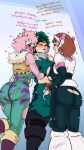  ashido_mina blush brown_hair butt fakeryway female green_hair group hair hi_res horn horned_humanoid human humanoid izuku_midoriya lips male male/female mammal my_hero_academia ochaco_uraraka pink_body pink_hair pink_skin trio 