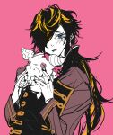  1boy absurdres aimono_juushi argentum_1121 black_hair black_nails blonde_hair blue_eyes grey_jacket hair_over_one_eye highres hypnosis_mic jacket long_sleeves male_focus multicolored_hair one_eye_covered pink_background sketch solo stuffed_animal stuffed_toy 