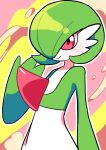  absurdres bangs closed_mouth colored_skin commentary_request flipped_hair gardevoir green_hair hand_up highres outline pokefia pokemon pokemon_(creature) red_eyes smile solo white_skin 