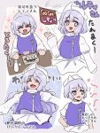  1girl blue_skirt blue_vest blush closed_eyes food hat letty_whiterock light_purple_hair long_hair long_sleeves multiple_views open_mouth purple_eyes shio_(futatsumami) shirt short_hair short_sleeves skirt smile sushi tokkuri touhou vest white_headwear white_shirt 