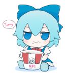  1girl bangs blue_bow blue_dress blue_eyes blue_footwear blue_hair blush bow bowtie bucket character_doll character_print chibi chicken_nuggets cirno closed_mouth collared_shirt doll dress english_text food food_on_face fumo_(doll) glasses hair_between_eyes looking_to_the_side multicolored_hair no_wings puffy_short_sleeves puffy_sleeves red_bow red_bowtie rei_(tonbo0430) shirt shoes short_hair short_sleeves simple_background sitting smile solo speech_bubble touhou two-tone_hair v-shaped_eyebrows white_background white_shirt wings 