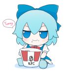  1girl bangs blue_bow blue_dress blue_eyes blue_footwear blue_hair blush bow bowtie bucket character_doll character_print chibi chicken_nuggets cirno closed_mouth collared_shirt doll dress english_text food food_on_face fumo_(doll) glasses hair_between_eyes kfc looking_to_the_side multicolored_hair niwatari_kutaka no_wings puffy_short_sleeves puffy_sleeves red_bow red_bowtie rei_(tonbo0430) shirt shoes short_hair short_sleeves simple_background sitting smile solo speech_bubble touhou two-tone_hair v-shaped_eyebrows white_background white_shirt wings 