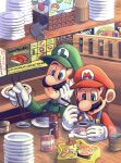  2boys blue_eyes blue_overalls brown_hair chopsticks cup drinking_straw eating facial_hair food gloves green_headwear green_shirt hand_on_own_chin hat highres hiyashimeso holding holding_chopsticks indoors juice_box luigi mario mario_(series) multiple_boys mustache open_mouth overalls plate red_headwear red_shirt shirt table teeth white_gloves 