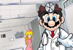  1boy 1girl blonde_hair blue_eyes brown_hair dr._mario dr._mario_(game) dress gloves hat highres hospital indoors labcoat long_hair looking_at_viewer mario mario_(series) metal_gear_(series) metal_gear_solid_v:_the_phantom_pain necktie nurse_cap nurse_peach pink_dress princess_peach red_necktie short_hair stethoscope white_gloves ya_mari_6363 