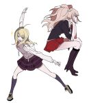  2girls ahoge akamatsu_kaede arm_up bangs bear_hair_ornament blonde_hair breasts danganronpa:_trigger_happy_havoc danganronpa_(series) danganronpa_v3:_killing_harmony enoshima_junko hair_ornament highres long_hair long_sleeves multiple_girls musical_note musical_note_hair_ornament necktie open_mouth pleated_skirt school_uniform shirt sitting skirt smile sweater_vest twintails vo1ez white_shirt 