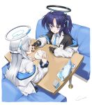  2girls black_gloves blue_archive blue_eyes blue_hair blush doughnut eating food gloves halo headgear highres jacket long_hair multiple_girls necktie noa_(blue_archive) off_shoulder plate simple_background sitting table two_side_up white_background white_hair yo_na yuuka_(blue_archive) 