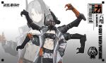  1girl :o android extra_arms gloves glowing glowing_eyes grey_hair hands_in_pocket helmet horns lanyaojun looking_at_viewer mask midriff navel original punishing:_gray_raven red_eyes short_hair solo strapless tube_top zoom_layer 